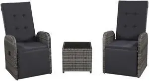 vidaXL Patio Bistro Set 3 Piece Table and Reclining Chair Poly Rattan Gray