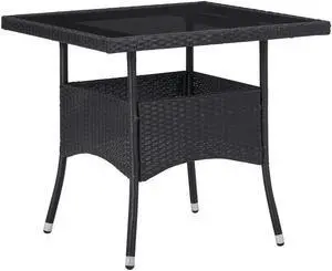 vidaXL Outdoor Dining Table Garden Patio Table with Glass Top PE Rattan Black