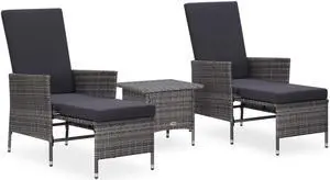 vidaXL Patio Furniture Set 3 Piece Wicker Chairs with Table Poly Rattan Gray