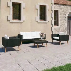vidaXL Patio Furniture Set 4 Piece Sofa Couch with Cushions Poly Rattan Black