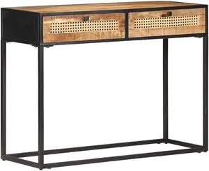 vidaXL Console Table 39.4"x13.8"x29.5" Rough Mango Wood and Natural Cane