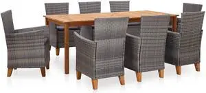 vidaXL Patio Dining Set 9 Piece Outdoor Table and Chairs Wood and Rattan Gray
