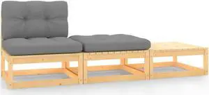 vidaXL Patio Furniture Set 3 Piece Sectional Sofa with Cushions Solid Wood Pine