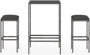 vidaXL Patio Bar Set 3 Piece Bar Stool Table with Cushions Poly Rattan Gray