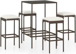 vidaXL Patio Bar Set 5 Piece Bar Stool Table with Cushions Poly Rattan Brown