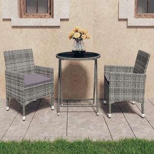 vidaXL Patio Bistro Set Table 3 Piece Poly Rattan and Tempered Glass Gray