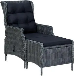 vidaXL Outdoor Recliner Chair Lounge Chair with Footstool Poly Rattan Dark Gray
