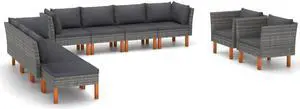 vidaXL Patio Lounge Set Sofa 10 Piece Poly Rattan and Eucalyptus Wood Black