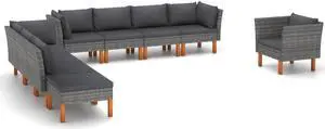 vidaXL Patio Lounge Set Sofa 9 Piece Poly Rattan and Eucalyptus Wood Gray