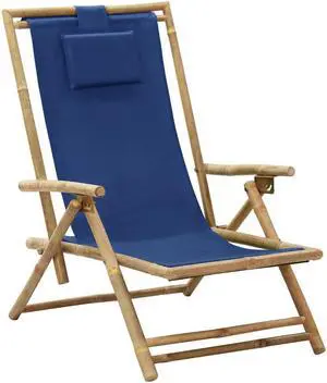 vidaXL Patio Deck Chair Sling Chair with Headrest Navy Blue Bamboo and Fabric