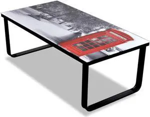 vidaXL Coffee Table Accent End Table Side Table with Piano Printing Glass Top