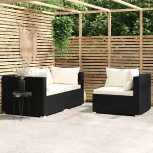 vidaXL Patio Sectional Sofa 3 Piece Outdoor Sofa with Cushions PE Rattan Black