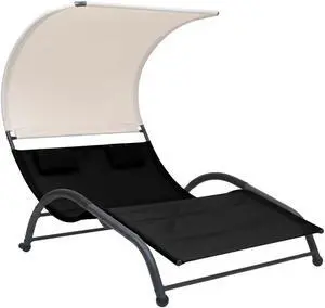 vidaXL Double Sunlounger Patio Outdoor Lounge Chair with Canopy Black Textilene