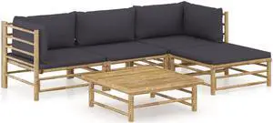 vidaXL Patio Lounge Set 5 Piece Sectional Sofa with Dark Gray Cushions Bamboo
