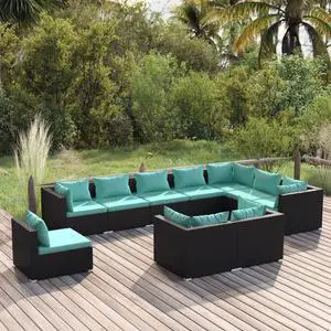 vidaXL Patio Lounge Set 10 Piece with Cushions Poly Rattan Black Garden Seat
