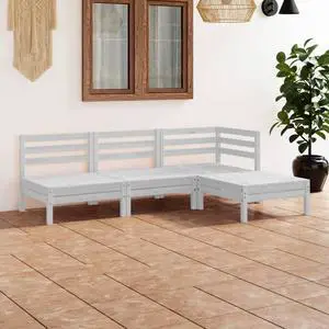 vidaXL Solid Pinewood Patio Lounge Set 4 Piece White Wooden Garden Lounge Sofa