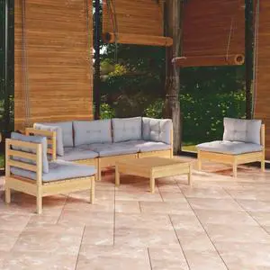 vidaXL Solid Pinewood Patio Lounge Set 4 Piece with Gray Cushions Garden Sofa