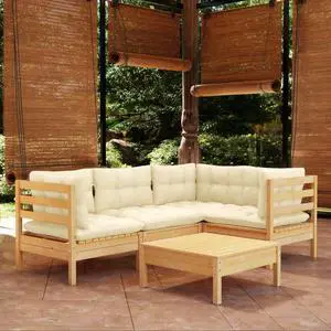 vidaXL Solid Pinewood Patio Lounge Set 5 Piece with Cream Cushions Garden Sofa