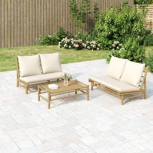vidaXL Patio Furniture Set 3 Piece Loveseat with Cream White Cushions Bamboo