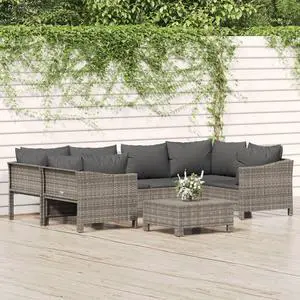 vidaXL Patio Furniture Set 7 Piece Armchair Sofa with Cushions Gray Poly Rattan