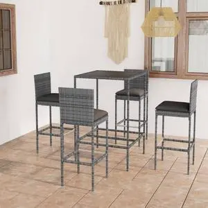 vidaXL Patio Bar Set 5 Piece Bar Stool Table with Cushions Poly Rattan Gray