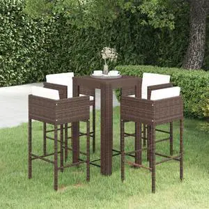 vidaXL Patio Bar Set 5 Piece with Cushions Poly Rattan Brown Garden Chair