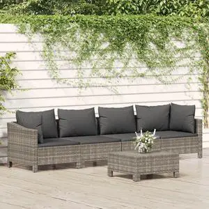 vidaXL Patio Furniture Set 5 Piece Armchair Sofa with Cushions Gray Poly Rattan