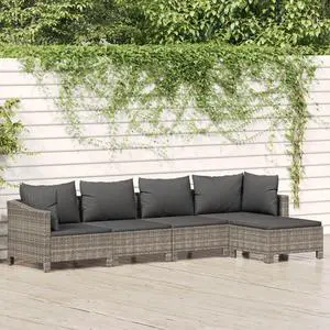 vidaXL Patio Furniture Set 5 Piece Armchair Sofa with Cushions Gray Poly Rattan