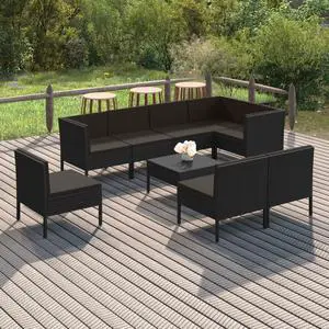 vidaXL Patio Lounge Set 9 Piece with Cushions Poly Rattan Black Garden Sofa