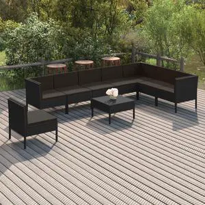 vidaXL Patio Lounge Set 9 Piece with Cushions Poly Rattan Black Garden Sofa