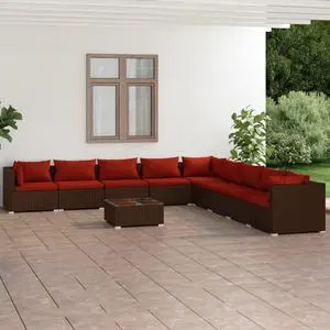 vidaXL Patio Lounge Set Outdoor Sectional Sofa Set 10 Piece Poly Rattan Brown