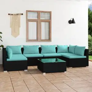 vidaXL Patio Lounge Set 7 Piece with Cushions Poly Rattan Black Garden Seat