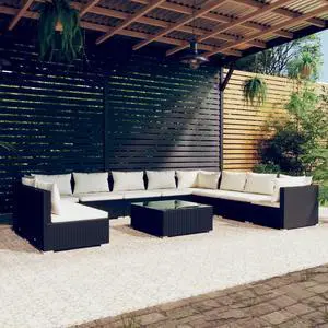 vidaXL Patio Lounge Set 11 Piece with Cushions Black Poly Rattan Garden Seat