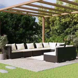 vidaXL Patio Lounge Set 8 Piece with Cushions Black Poly Rattan Garden Sofa