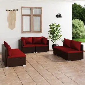 vidaXL Patio Lounge Set Outdoor Sectional Sofa Set 6 Piece Poly Rattan Brown