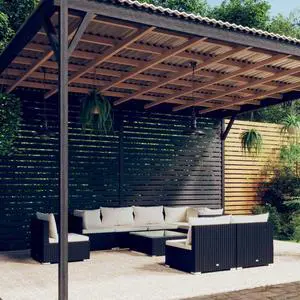vidaXL Patio Lounge Set 9 Piece with Cushions Poly Rattan Black Garden Seat