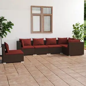 vidaXL Patio Lounge Set Outdoor Sectional Sofa Set 6 Piece Poly Rattan Brown