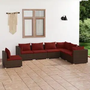 vidaXL Patio Lounge Set Outdoor Sectional Sofa Set 7 Piece Poly Rattan Brown