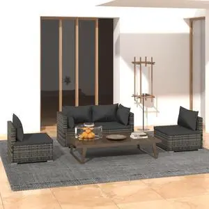 vidaXL Patio Lounge Set 4 Piece with Cushions Poly Rattan Gray Garden Seat
