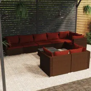 vidaXL Patio Lounge Set Outdoor Sectional Sofa Set 9 Piece Brown Poly Rattan