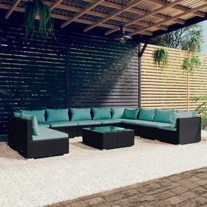 vidaXL Patio Lounge Set 11 Piece with Cushions Black Poly Rattan Garden Seat
