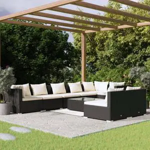 vidaXL Patio Lounge Set 9 Piece with Cushions Black Poly Rattan Garden Sofa
