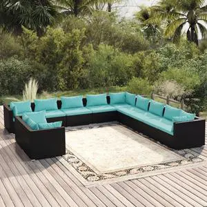 vidaXL Patio Lounge Set 11 Piece with Cushions Black Poly Rattan Garden Seat