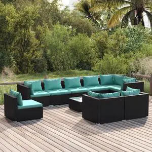 vidaXL Patio Lounge Set 10 Piece with Cushions Poly Rattan Black Garden Seat