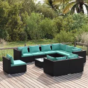 vidaXL Patio Lounge Set 10 Piece with Cushions Poly Rattan Black Garden Seat