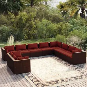 vidaXL Patio Lounge Set Outdoor Sectional Sofa Set 10 Piece Brown Poly Rattan