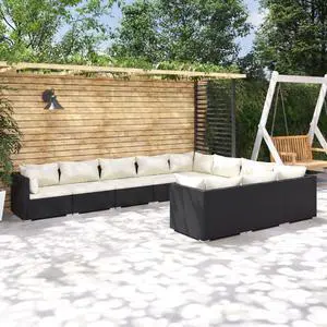vidaXL Patio Lounge Set 10 Piece with Cushions Poly Rattan Black Garden Seat