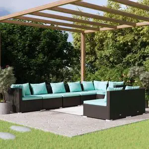 vidaXL Patio Lounge Set 8 Piece with Cushions Black Poly Rattan Garden Seat