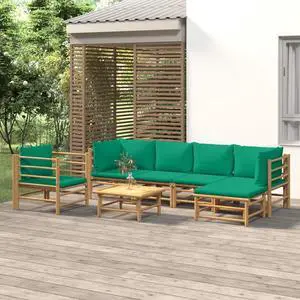 vidaXL Patio Furniture Set 7 Piece Sectional Sofa with Green Cushions Bamboo