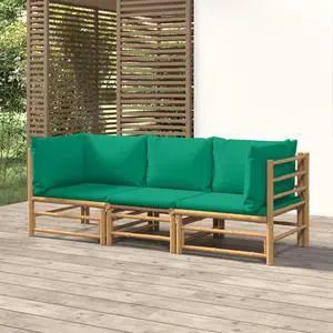 vidaXL Patio Furniture Set 3 Piece Sectional Sofa with Green Cushions Bamboo